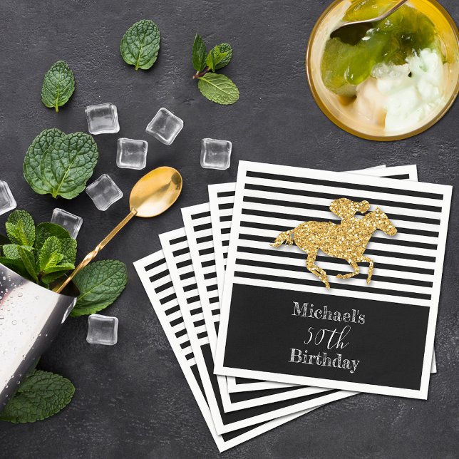 Guld Racehorse Black White Rand Birthday Pappersservett (Gold racehorse and jockey on black and white stripes Derby  party cocktail napkins)