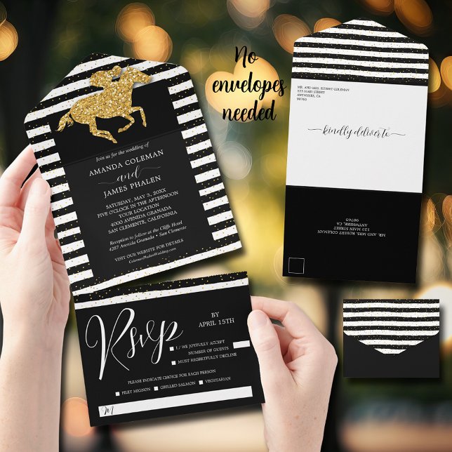 Guld Racehorse Black White Rand Bröllop (Gold racehorse black and white stripes all in one wedding invitations)