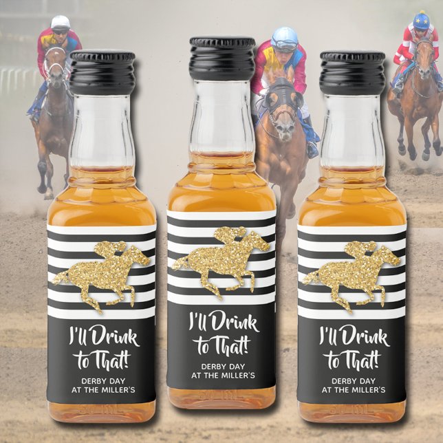 Guld Racehorse Derby Day Mini Spritflaskor Etikett (Create beautiful mini liquor bottle labels for your Derby party, serve or give as party favors.)