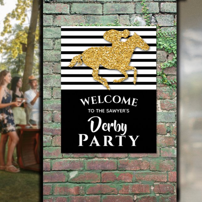 Guld Racehorse Derby Party Välkommen Poster (Gold Horse Black White Stripes Derby Welcome Poster - INSTANT DOWNLOAD and/or PRINTED)