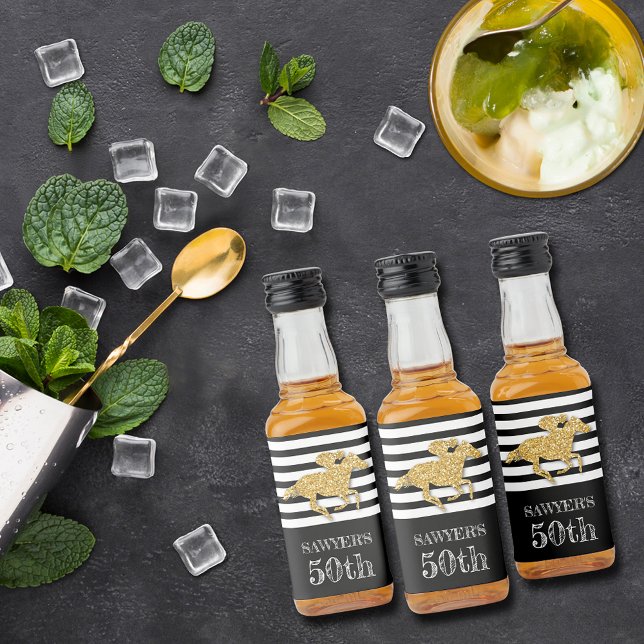 Guld Racehorse on Black Rand Birthday Spritflaskor Etikett (Skapare uppladdad)