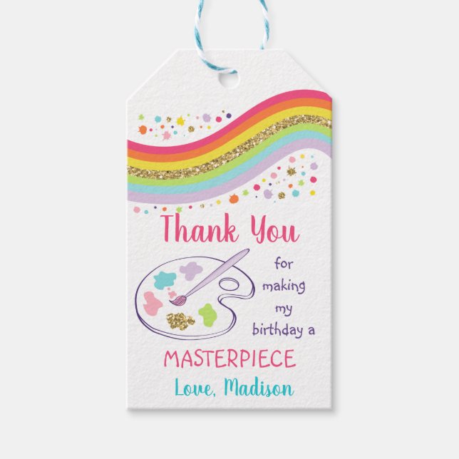 Guld Rainbow Art Party Birthday Tack Presentetikett (Framsidan)