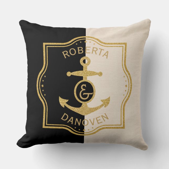 Guld Ram & Anchor On Black & Beige-bakgrund Kudde (Framsida)