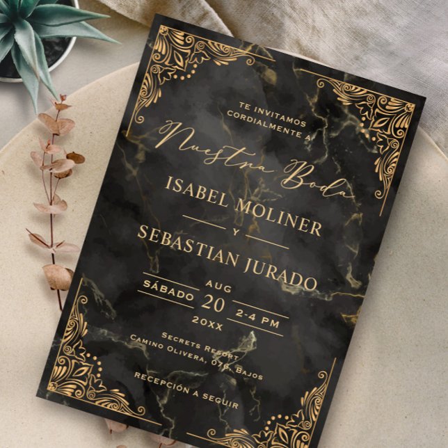 Guld Ram Black Marble Nuestra boda (Spanien) Inbjudningar (Skapare uppladdad)