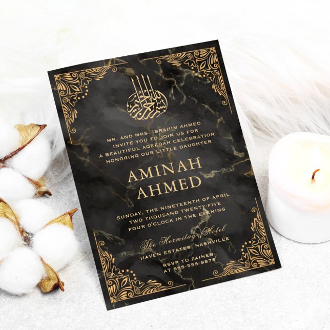 Guld Ram Black Marble slamic Aqiqa Aqeeqa Baby Inbjudningar (Skapare uppladdad)