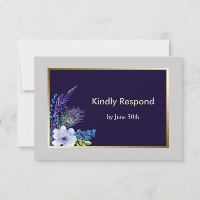 Guld Ram Blue Boho Blommigt Bröllop OSA Kort (Framsida)