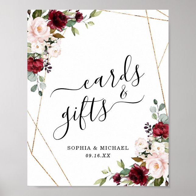 Guld Ram Burgundy Blommigt-kort och presentkort Poster (Framsidan)