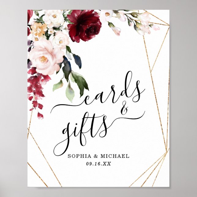 Guld Ram Burgundy Blommigt-kort och presentkort Poster (Framsidan)