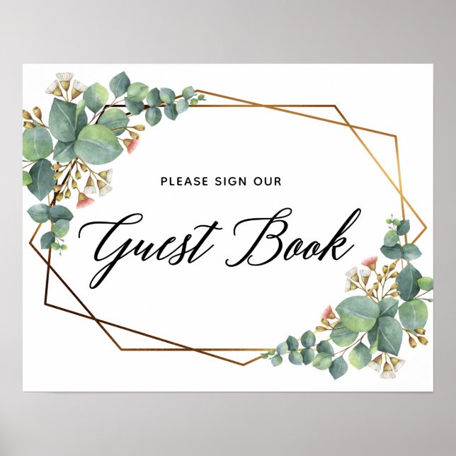 Guld Ram Eucalyptus Bröllop Guest Bok Poster (Framsidan)