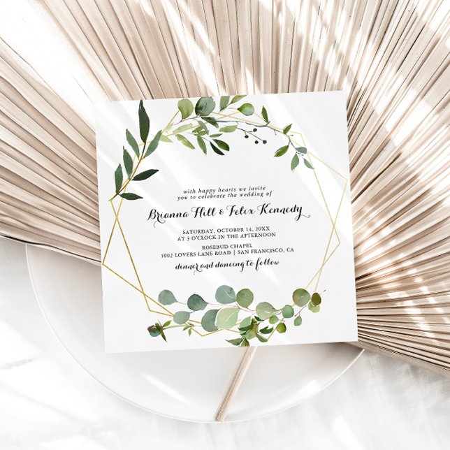 Guld Ram Eucalyptus Calligraphy Square Bröllop Inbjudningar (Skapare uppladdad)