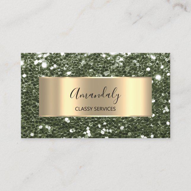 Guld Ram Glitter QRCode Logotyp Elegant Sage Grönt Visitkort (Framsida)