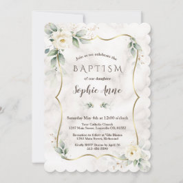 Guld Ram Greenery White Blommigt Marble Baptism Inbjudningar