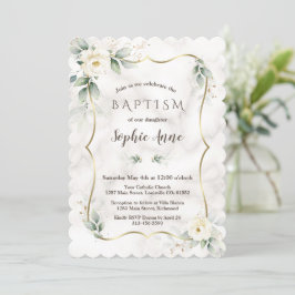 Guld Ram Greenery White Blommigt Marble Baptism Inbjudningar