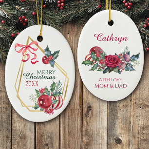 Guld Ram Helgdag Bouquet Red Ribbon Personlig Julgransprydnad Keramik