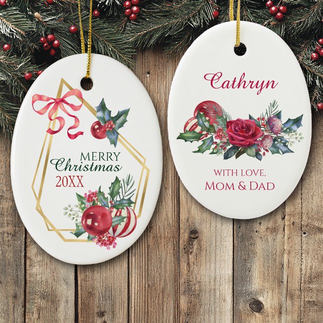 Guld Ram Helgdag Bouquet Red Ribbon Personlig Julgransprydnad Keramik (Skapare uppladdad)