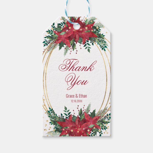 Guld Ram Helgdag Poinsettia Bröllop Presentetikett (Framsidan)