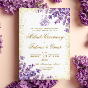 Guld Ram Lila Lavender Islamic Mehndi Ceremony Inbjudningar