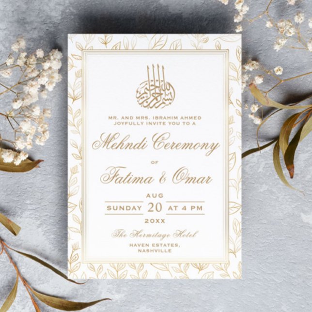 Guld Ram Löv Mönster Islamic Mehndi Ceremony Inbjudningar (Skapare uppladdad)