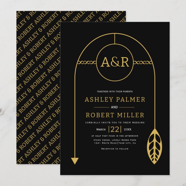 Guld ram med löv, initialer svart bröllop inbjudningar (Fram/baksida)