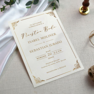 Guld Ram Motif Nuestra Boda spanska Bröllop Inbjudningar