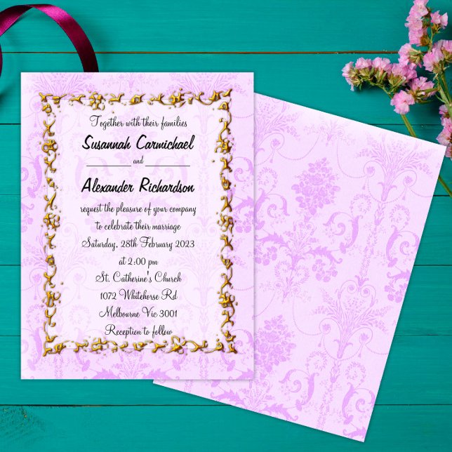 Guld Ram och Lila Damask Wedding Inbjudningar (Skapare uppladdad)