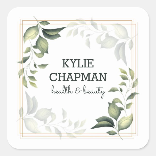 Guld Ram och Löv Fyrkantigt Klistermärke (Framsida)