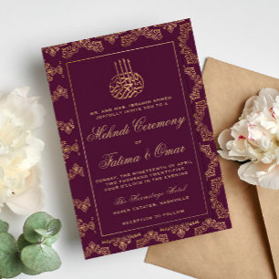 Guld Ram Ornate Burgundy Islamic Mehndi Ceremony Inbjudningar