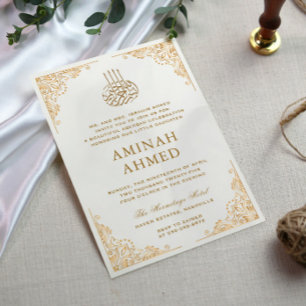 Guld Ram Ornate Cream Islamic Aqiqa Aqeqa Baby Inbjudningar