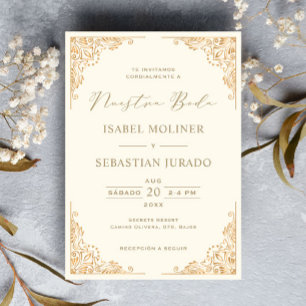 Guld Ram Ornate Nuestra Boda spanska Bröllop Inbjudningar