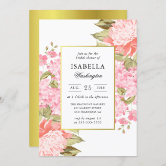 Guld Ram Peonies och Hydrangeas Möhippa Inbjudningar