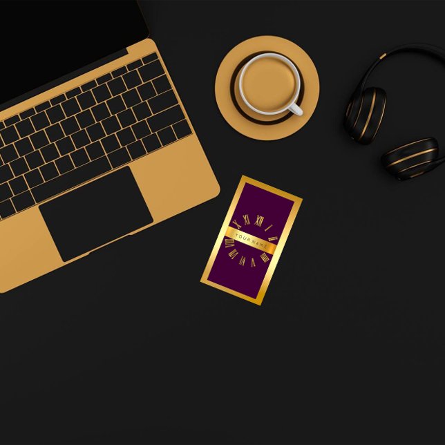 Guld Ram Roman Clock Lila Lodrät Visitkort (Gold Frame Roman Clock Purple Vertical Business Card)