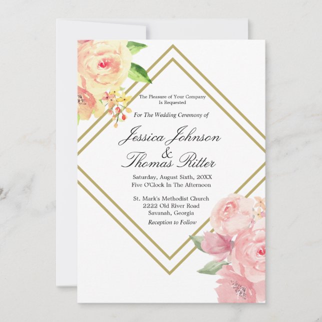 Guld Ram Romantic Soft Rosa Blommigt Bröllop Invi Inbjudningar (Framsida)