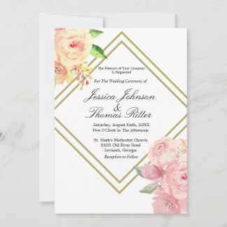 Guld Ram Romantic Soft Rosa Blommigt Bröllop Invi Inbjudningar