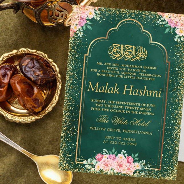Guld Ram Rosa Blommigt Grönt Islamic Aqiqa Aqeeqah Inbjudningar (Skapare uppladdad)