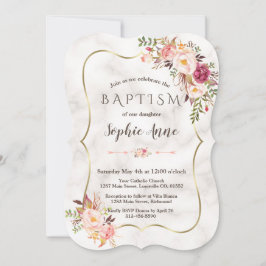 Guld Ram  Rosa Blommigt Marble Baptism Inbjudningar
