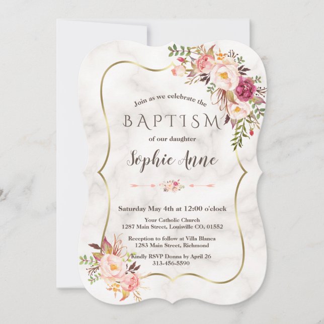 Guld Ram  Rosa Blommigt Marble Baptism Inbjudningar (Framsida)