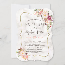 Guld Ram Rosa Blommigt Marble Baptism Inbjudningar