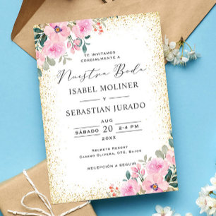 Guld Ram Rosa Blommigt Nuestra Boda Spanska Inbjudningar