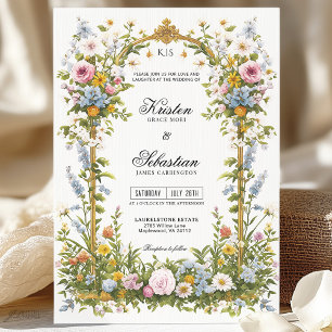 Guld Ram Rosa och Blå Wildblomma Bröllop Inbjudningar