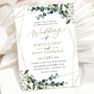 Guld Ram Rustic Watercolor Greenery Bröllop Inbjudningar