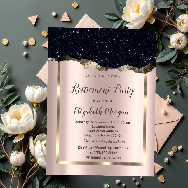 Guld ram, svart glitter Rosa guld Pension Inbjudningar (Skapare uppladdad)