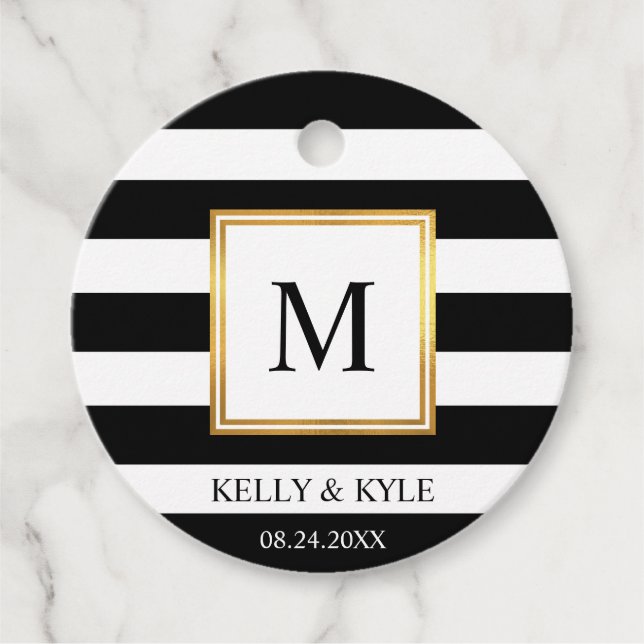 Guld Ram Svartvit Rand Monogram Bröllop Gåvor Etiketter (Framsida)