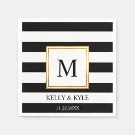 Guld Ram Svartvit Rand Monogram Bröllop Pappersservett