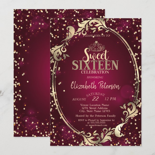 Guld Ram Tiara,Diamonds Burgundy Sweet 16 Party Inbjudningar (Fram/baksida)