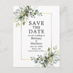Guld Ram Watercolor Greenery Save Date Vykort