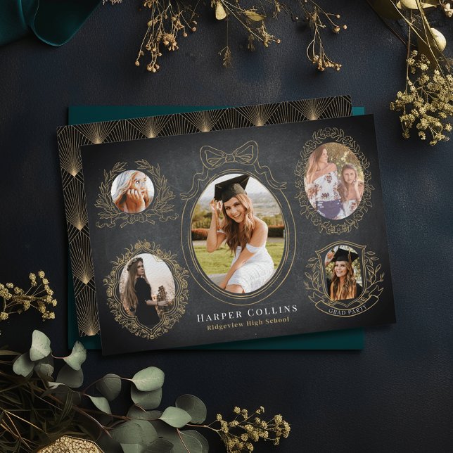 Guld Ramar och botaniska accenter, svart Studenten Inbjudningar (Skapare uppladdad)