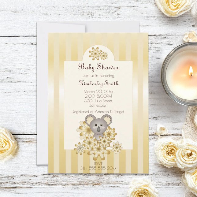 Guld Rand Cute Koala Gender Neutral Baby Shower Inbjudningar (Skapare uppladdad)