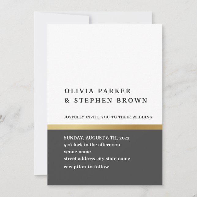 Guld rand. Elegant svart och vitt Bröllop Inbjudningar (Framsida)