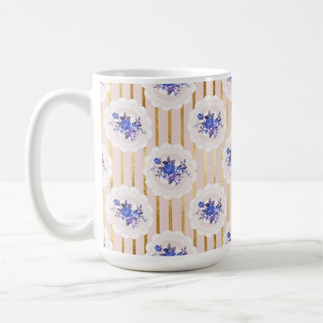 GULD RAND OCH TINY BLUE VATTENFÄRGFLÖDEN KAFFEMUGG (Vänster)