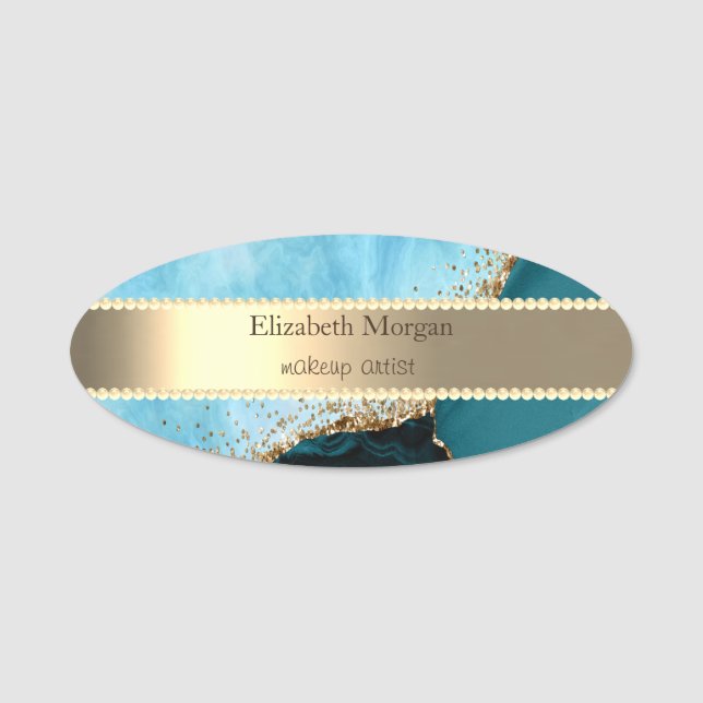 Guld Rand, Pearls Turquise Marble Guld Sequins Namnbricka (Framsida)